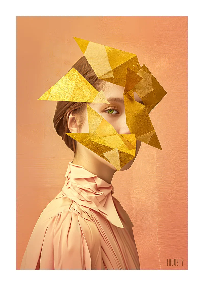 FROOSTY® ABSTRACT AI WOMAN No. 02 – Rose-bronze half-body portrait of a young woman with golden geometric shapes over her face and one green eye revealed – Fine Art Print on Hahnemühle Paper
