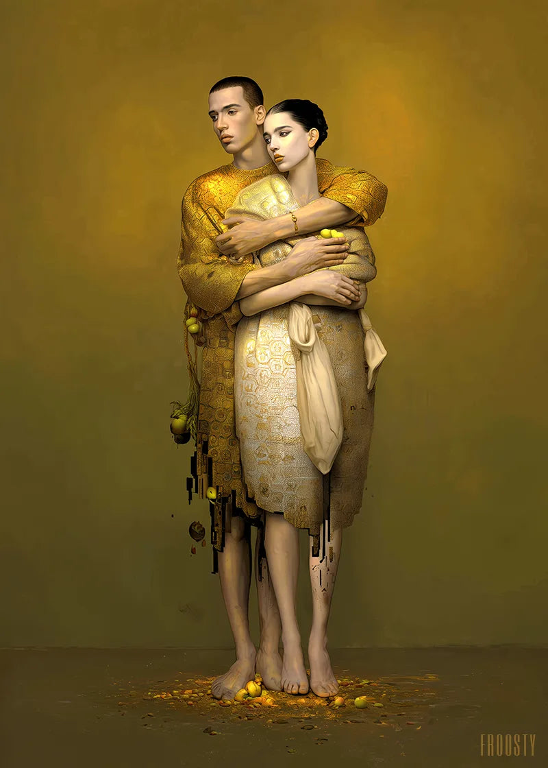 FROOSTY® THE HUG – A young couple in a tender embrace, he stands behind her holding her close, both wearing ornate golden and white-golden robes, dark hair, standing on golden fruits and stones against a deep greenish-gold background – Fine Art Print on Hahnemühle Paper