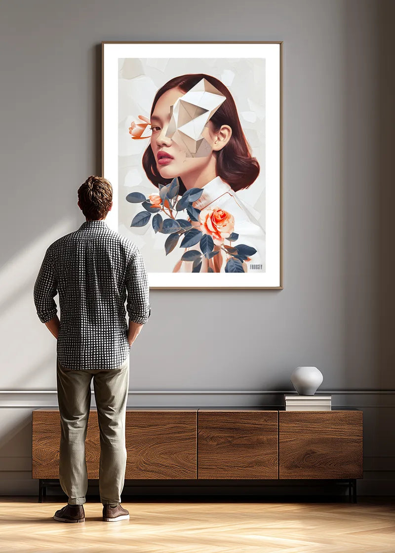 FROOSTY® ABSTRACT AI WOMAN No. 01 – Limited AI poster print displayed in a modern interior with a man in front, watching the artwork – Fine Art Print on Hahnemühle Paper