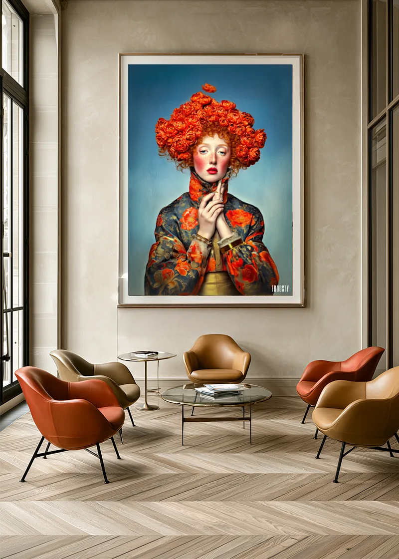 FROOSTY® MADEMOISELLE FLEUR No. 01 – Limited AI fine art print displayed in a modern interior – Fine Art Print on Hahnemühle Paper