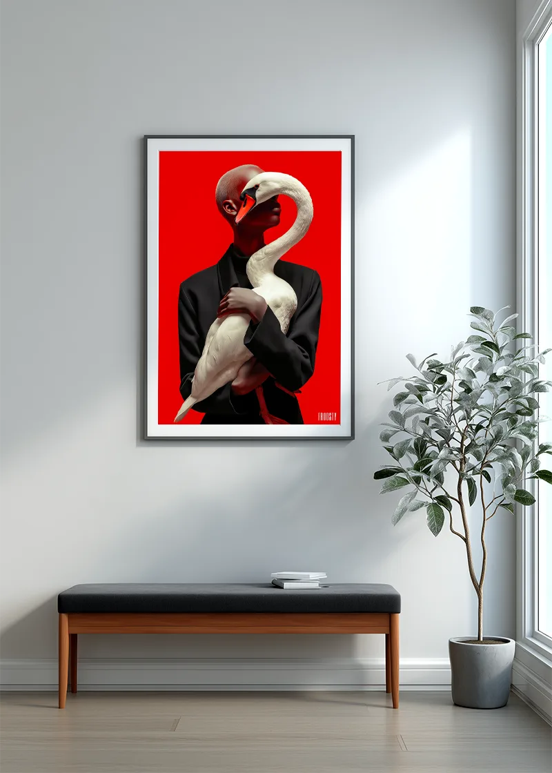 FROOSTY® WOMAN & SWAN – Limited AI fine art print displayed in a modern interior, white all and a bank with 2 books  – Fine Art Print on Hahnemühle Paper