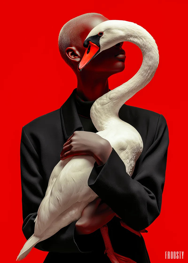 EN: FROOSTY® WOMAN & SWAN – A dark-skinned woman with a shaved head in a black suit holding a white swan against an intense red background – Fine Art Print on Hahnemühle Paper