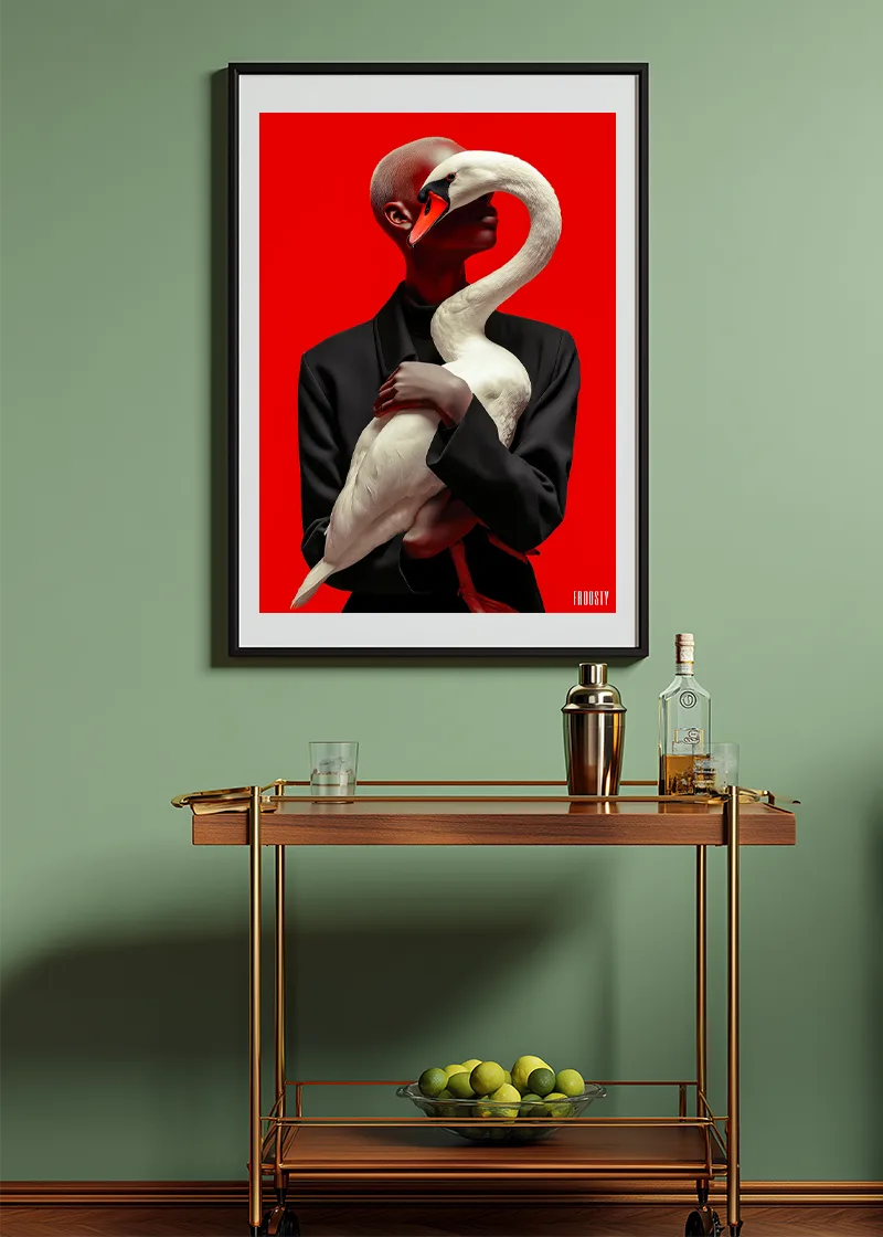 FROOSTY® WOMAN & SWAN – Limited AI fine art print displayed in a modern bright green interior and golden with brown sideboard table with drinks and lemons – Fine Art Print on Hahnemühle Paper