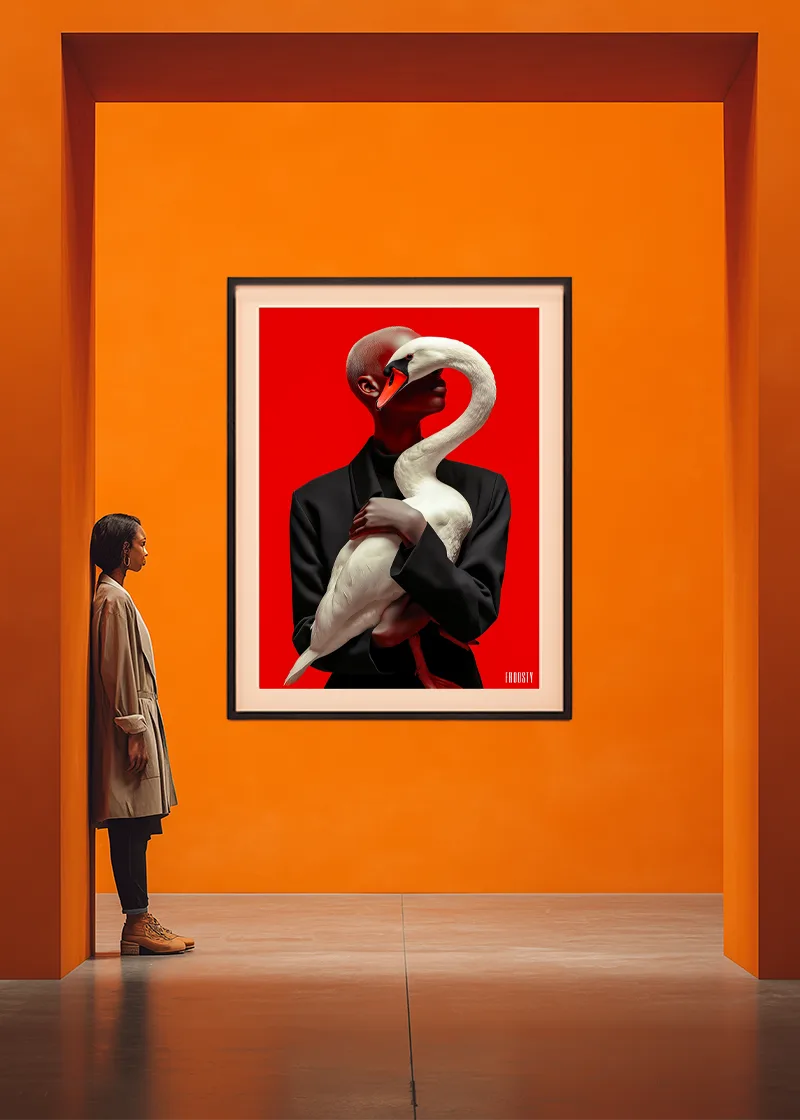 FROOSTY® WOMAN & SWAN – Limited AI fine art print displayed in a modern orange interior wit a woman, standing at the left side – Fine Art Print on Hahnemühle Paper