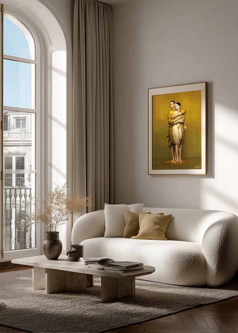 FROOSTY® THE HUG – Limited AI fine art print displayed in a modern livingroom interior – Fine Art Print on Hahnemühle Paper