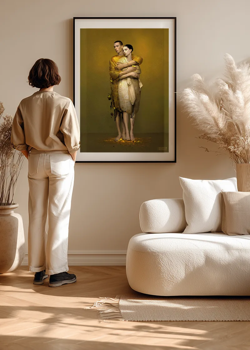 FROOSTY® THE HUG – Limited AI fine art print displayed in a modern livingroom interior with a young woman at the left side watching the artwork, – Fine Art Print on Hahnemühle Paper