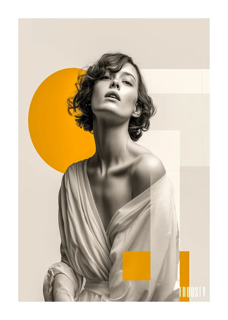 VINTAGE WOMAN COLLAGE No. 02 Poster by FROOSTY® – black and white female portrait with abstract colored objects on a sepia vintage background.